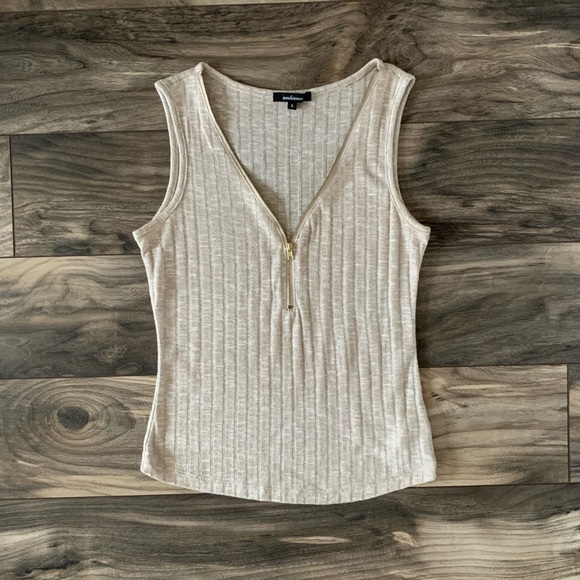 Ambiance Tops - Beige Zip-up Tank Top